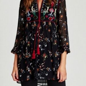 Zara Womens Embroidered Floral Pom Pom Tassel Mini Dress Boho Peasant Tunic L